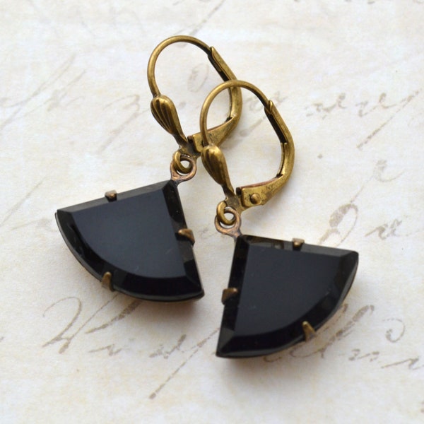 Art Deco Earrings, Jet Black Earrings, Antiqued Gold Earrings, Vintage Czech Glass Fan Drop Earrings