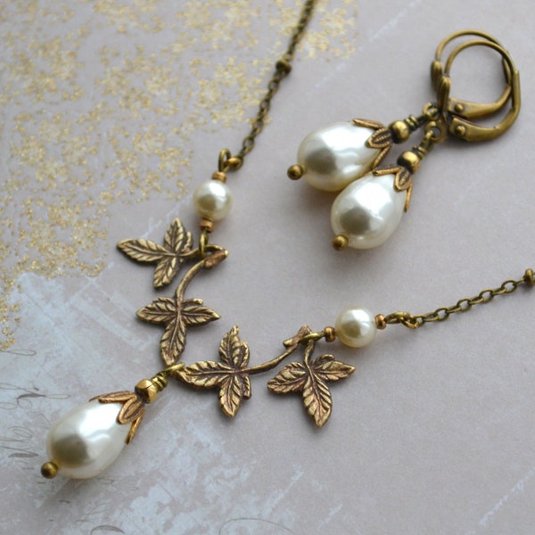 Jugendstil Kristall Perle Tropfen Antik Gold Messing Braut Halskette & Ohrring Set