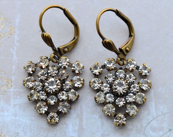 Art Deco Crystal Earrings, Antiqued Gold Brass Earrings