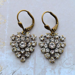 Art Deco Crystal Earrings, Antiqued Gold Brass Earrings