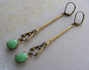 Art Nouveau Style Long Elegant Oxidised Brass Sea Foam Green Glass Drop Leverback Earrings