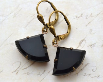 Art Deco Earrings, Jet Black Earrings, Antiqued Gold Earrings, Vintage Czech Glass Fan Drop Earrings