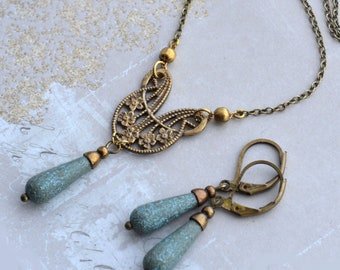 Art Nouveau Style Antiqued Brass Necklace and Earring Set with Vedigris tone Czech Glass Drops