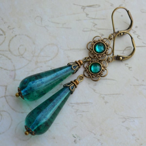 Art Nouveau Art Deco Emerald Green and Teal Blue Long Drop Earrings, Antiqued Gold Brass Earrings