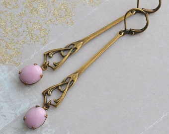Art Nouveau Pink  Earrings,  Long, Elegant Antiqued Gold Brass Glass Drop Earrings