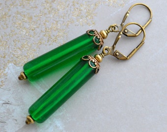 Art Deco Emerald Green Earrings, Antiqued Gold Brass Long Drop Earrings,