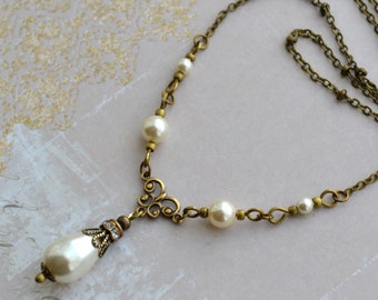 Victorian Vintage Necklace Antiqued Brass Crystal Pearl Drop Necklace