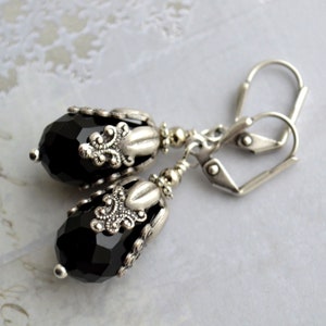 Art Nouveau Ornate Antiqued Silver Plated Brass Jet Black Faceted Glass Drop Earrings