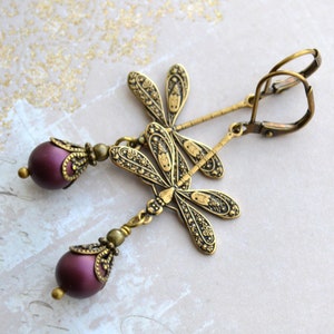 Art Nouveau Dragonfly Earrings, Blackberry Purple Crystal Pearl Dragonfly Earrings