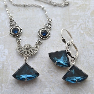 Art Deco Style Montana Blue Antiqued Silver Brass Necklace and Earring Set