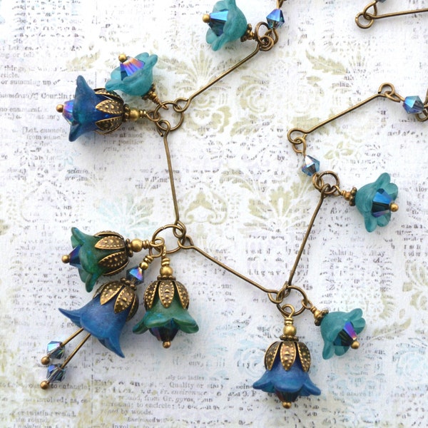 Art Nouveau Handmade Hand Painted Vintage Style Shades of Teal and Prussian Blue Lucite Flower Necklace