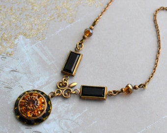 Art Deco Style Brass Jet Black & Topaz Crystal Necklace