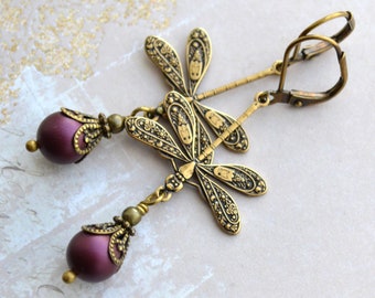 Art Nouveau Dragonfly Earrings, Blackberry Purple Crystal Pearl Dragonfly Earrings