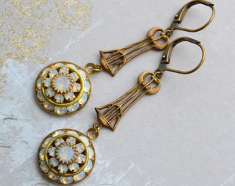 Art Deco Bridal Earrings, Opal Crystal Earrings, Edwardian Earrings, Antiqued Gold Crystal Earrings