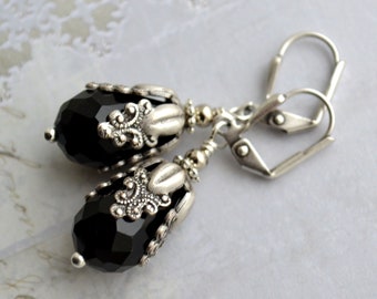 Art Nouveau Ornate Antiqued Silver Plated Brass Jet Black Faceted Glass Drop Earrings