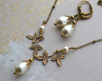 Art Nouveau Crystal Pearl Drop Antique Gold Brass Bridal Necklace & Earring Set