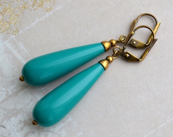 Boucles d'oreilles longues Art Déco en laiton doré vieilli turquoise turquoise