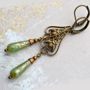 Art Nouveau, Art Deco Bee Earrings, Aqua Green & Gold Glass Drop Earrings, Antiqued Gold Brass Earrings