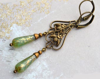 Art Nouveau, Art Deco Bee Earrings, Aqua Green & Gold Glass Drop Earrings, Antiqued Gold Brass Earrings
