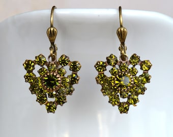 Art Deco Olive Green Crystal Earrings, Antiqued Gold Brass Earrings