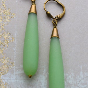 Art Deco Long Sea Foam Green Earrings, Frosted Glass Drop Earrings, Antiqued Gold Brass Earrings image 5