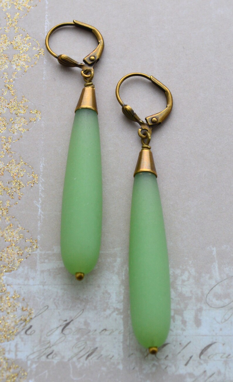 Art Deco Long Sea Foam Green Earrings, Frosted Glass Drop Earrings, Antiqued Gold Brass Earrings image 5