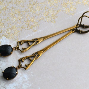 Art Nouveau, Long, Elegant Antiqued Gold Brass Jet Black Glass Drop Earrings