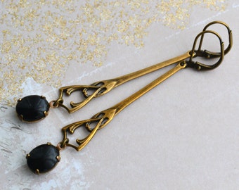 Art Nouveau, Long, Elegant Antiqued Gold Brass Jet Black Glass Drop Earrings