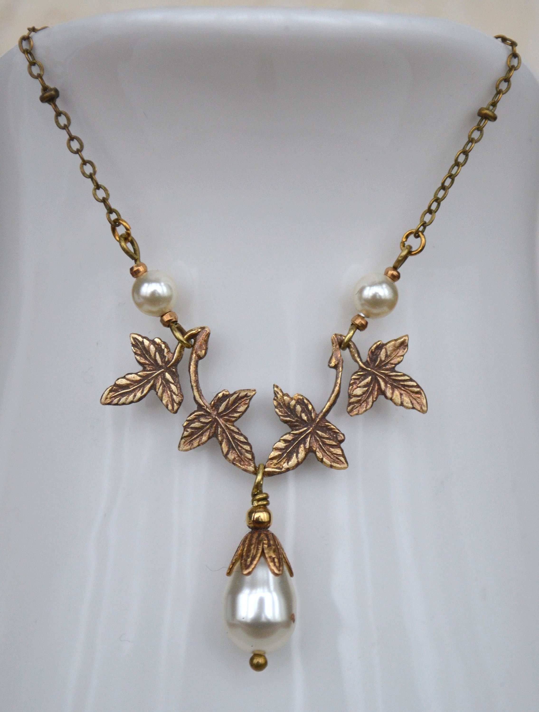 Art Nouveau Swarovski Pearl Drop Antique Gold Brass Bridal - Etsy UK