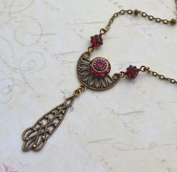 Art Deco Style Antiqued Gold Filigree Brass Ruby Red and Fuchsia Swarovski Crysal Necklace