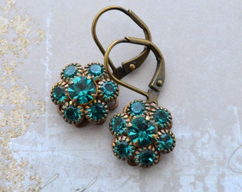 Art Nouveau, Victorian, Art Deco Style Antiqued Brass Blue Zircon Crystal Drop Earrings