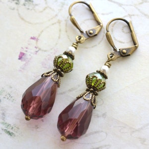 Suffragette Edwardian Victorian Art Nouveau Art Deco Style Antiqued Brass Amethyst Peridot  and Glass Pearl Drop Earrings