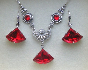 Art Deco Ruby Red Antiqued Silver Brass Necklace and Earring Set