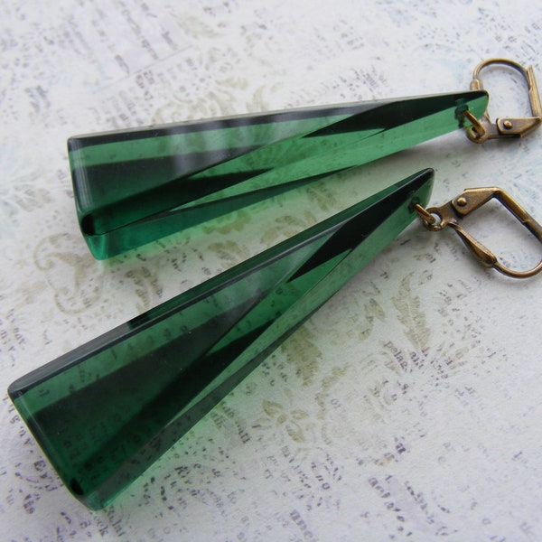 Modernist Style Geometric Triangular Emerald Green Long Drop Earrings