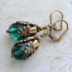 Art Nouveau Style Antiqued Brass Emerald Green  Faceted Glass Drop Earrings
