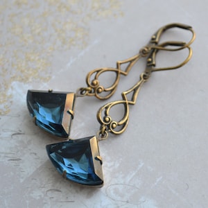 Art Deco Earrings, Art Nouveau Earrings Montanna Blue Glass Earrings, Antiqued Gold Brass Earrings