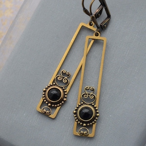 Art Nouveau style Brass Filigree Geometric Rectangle Vintage Black Glass Cabochon Earrings