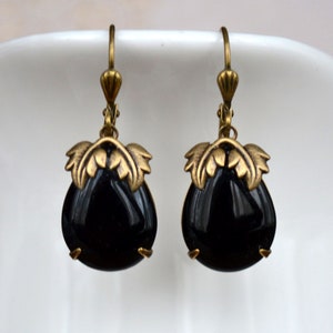 Art Nouveau Art Deco Antiqued Gold Brass Black Glass Drop Earrings