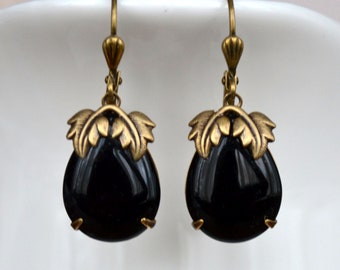 Jugendstil Art Deco Antik Gold Messing Schwarz Glas Tropfen Ohrringe
