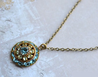 Art Deco Style Aquamarine and Light Green Crystal Three Layer Drop Necklace