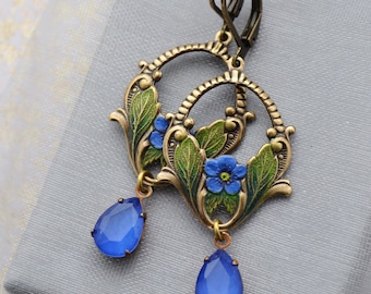 Art Nouveau Cornflower Blue Earrings, Floral, Glass Drops