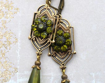 Victorian Edwardian Art Nouveau Art Deco Earrings, Earrings Olivine Green Crystal Earrings Antiqued Gold Earrings