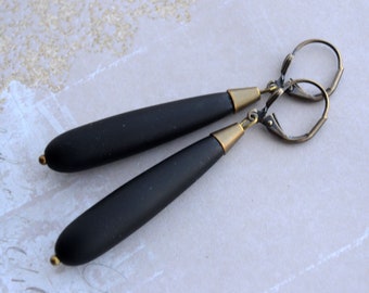Art Deco Long Matt Black Green Earrings, Frosted Glass Drop Earrings, Antiqued Gold Brass Earrings