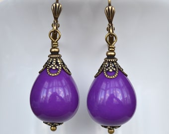 Boucles d’oreilles violettes victoriennes Boucles d’oreilles Art Nouveau, boucles d’oreilles violettes et dorées