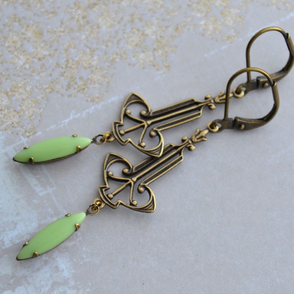 Art Deco Art Nouveau Antiqued Gold Brass Earrings, Sea Foam Green Glass Navette Drop Earrings