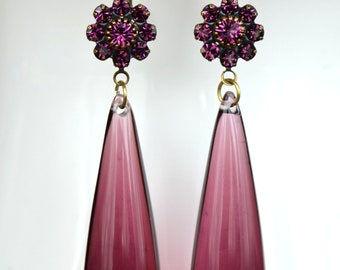 Art Deco Style Long Amethyst Purple Drop & Crystal Earrings