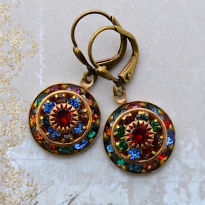 Art Deco  Antiqued Brass, Multi Coloured Crystal Drop Earrings