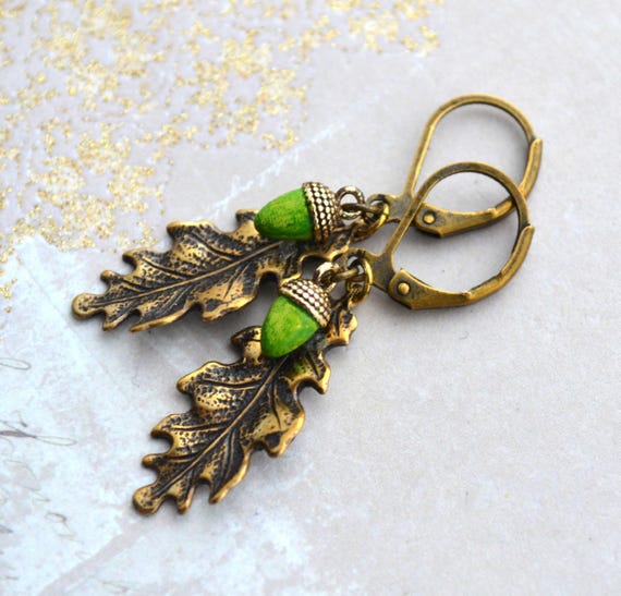 Art Nouveau Antiqued Gold Brass Oak Leaf and Acornearrings