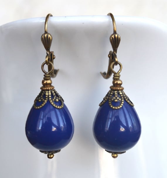 Art Nouveau Earrings Navy Blue Earrings Art Nouveau Earrings Gold Earrings Drop Earrings