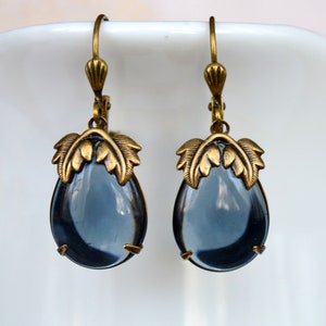 Art Nouveau, Art Deco Antiqued Gold Brass Earrings with Montana Blue Glass Drops